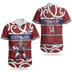 Southland Custom Rugby New Zealand Couples Matching Puletasi and Hawaiian Shirt Aotearoa Maori Pukana Tiki Mascot