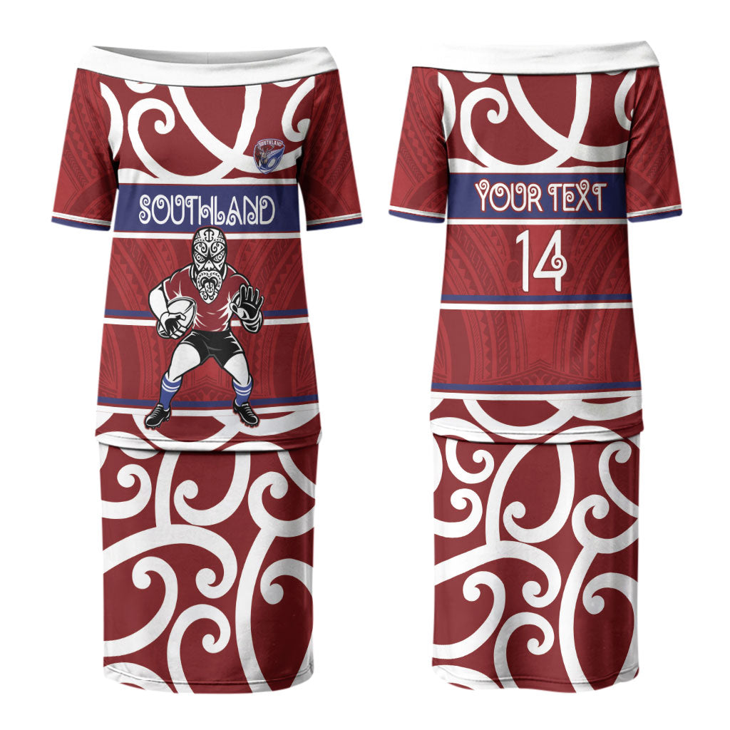 Southland Custom Rugby New Zealand Couples Matching Puletasi and Hawaiian Shirt Aotearoa Maori Pukana Tiki Mascot