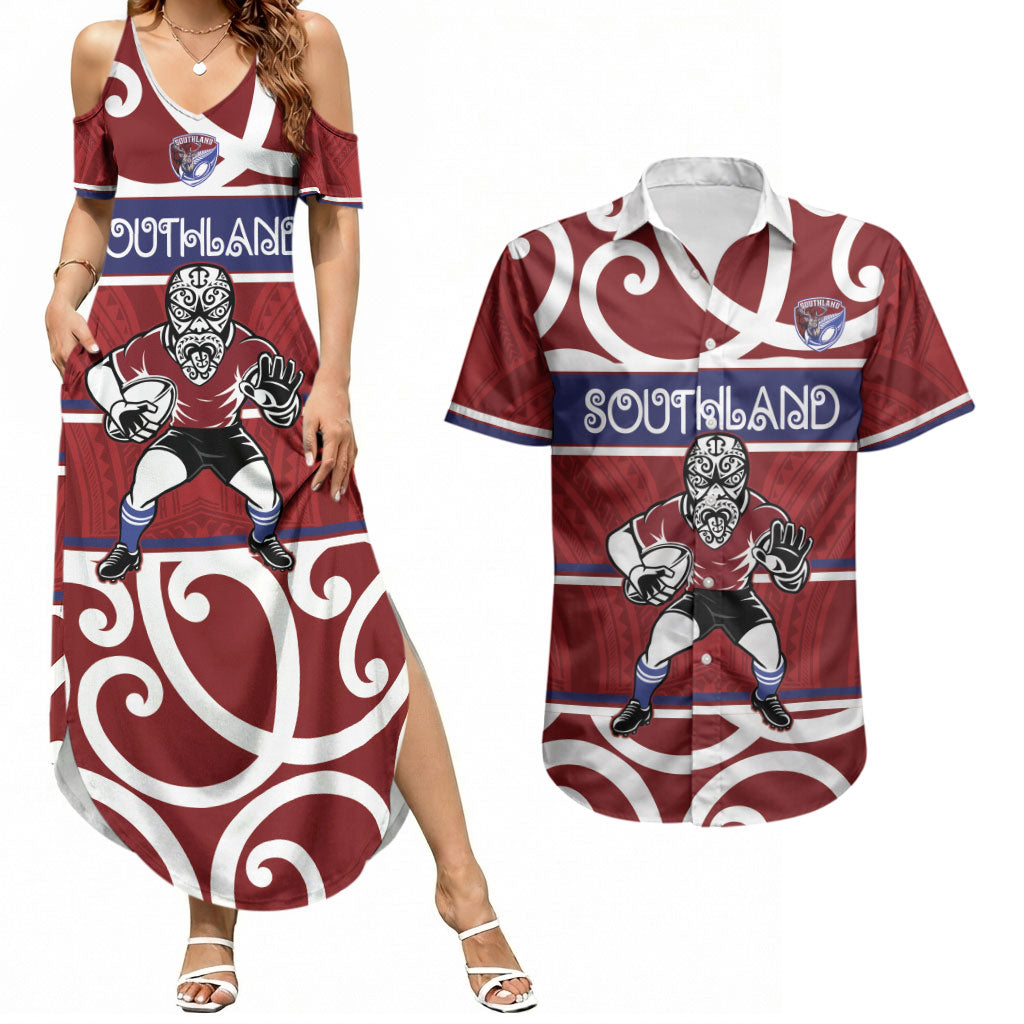 Southland Custom Rugby New Zealand Couples Matching Summer Maxi Dress and Hawaiian Shirt Aotearoa Maori Pukana Tiki Mascot