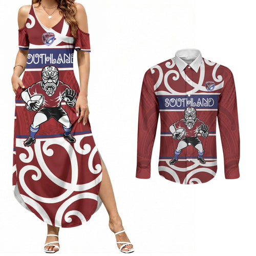 Southland Custom Rugby New Zealand Couples Matching Summer Maxi Dress and Long Sleeve Button Shirt Aotearoa Maori Pukana Tiki Mascot