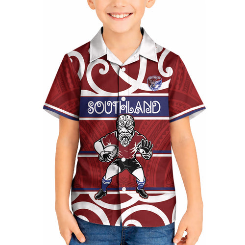 Southland Custom Rugby New Zealand Kid Hawaiian Shirt Aotearoa Maori Pukana Tiki Mascot