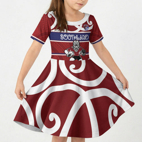 Southland Custom Rugby New Zealand Kid Short Sleeve Dress Aotearoa Maori Pukana Tiki Mascot
