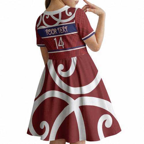 Southland Custom Rugby New Zealand Kid Short Sleeve Dress Aotearoa Maori Pukana Tiki Mascot