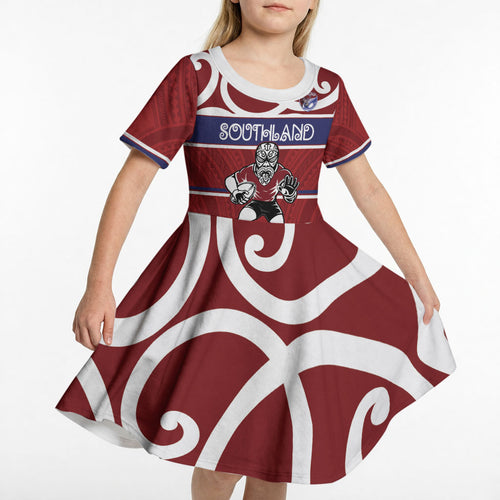 Southland Custom Rugby New Zealand Kid Short Sleeve Dress Aotearoa Maori Pukana Tiki Mascot