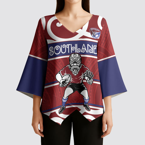 Southland Custom Rugby New Zealand Kimono Sleeve Blouse Aotearoa Maori Pukana Tiki Mascot