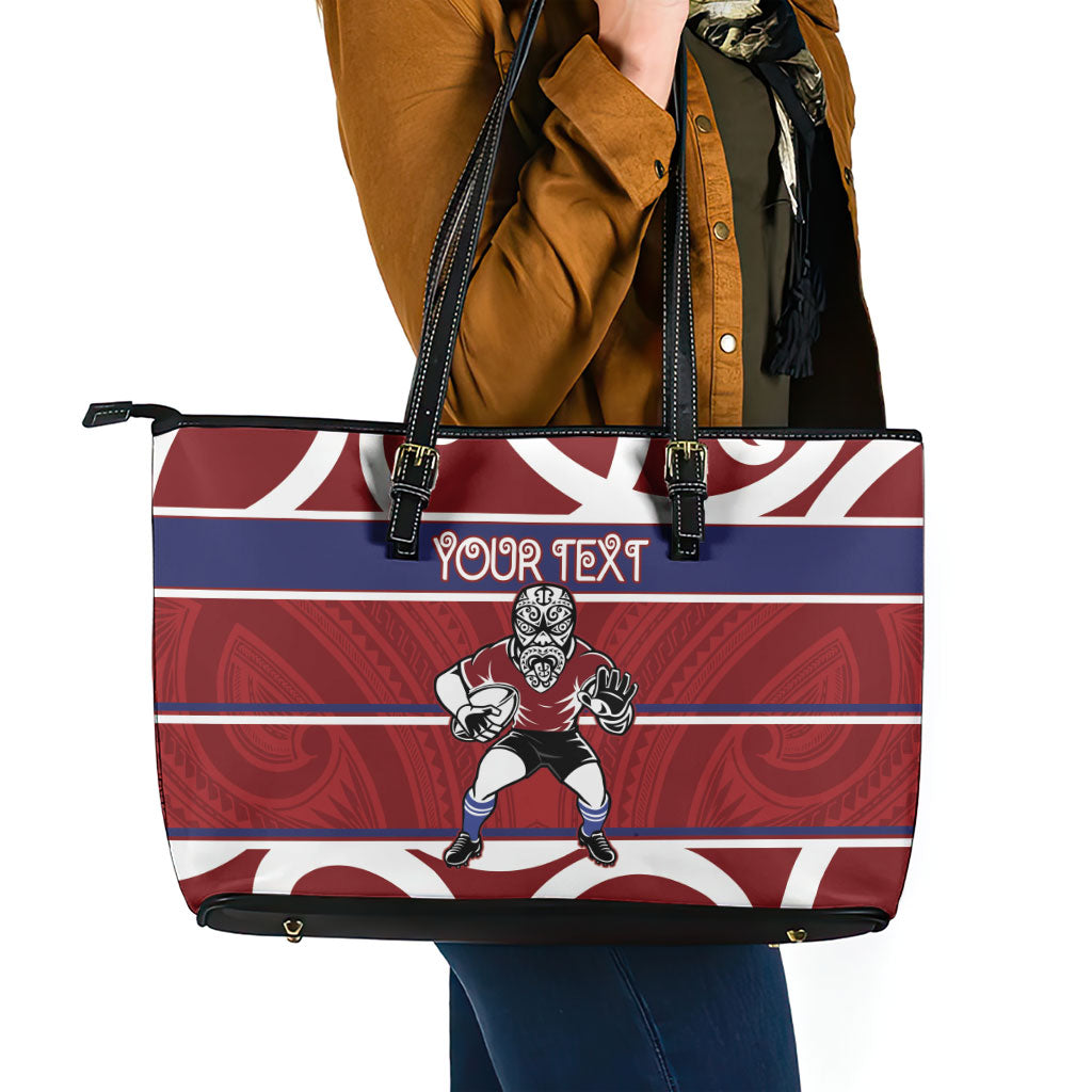 Southland Custom Rugby New Zealand Leather Tote Bag Aotearoa Maori Pukana Tiki Mascot
