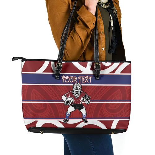 Southland Custom Rugby New Zealand Leather Tote Bag Aotearoa Maori Pukana Tiki Mascot