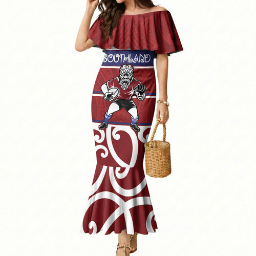 Southland Custom Rugby New Zealand Mermaid Dress Aotearoa Maori Pukana Tiki Mascot