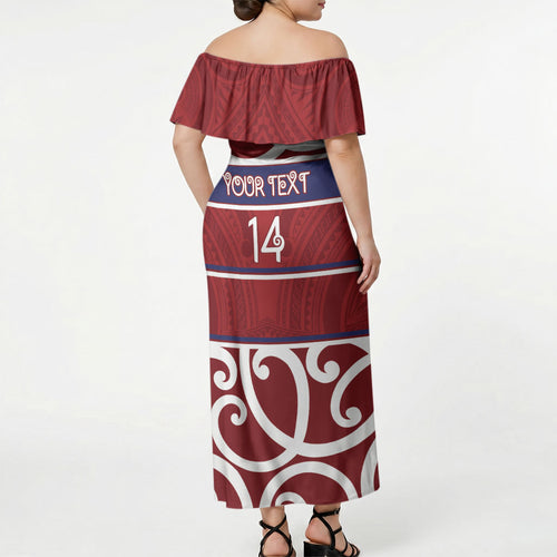 Southland Custom Rugby New Zealand Off Shoulder Maxi Dress Aotearoa Maori Pukana Tiki Mascot