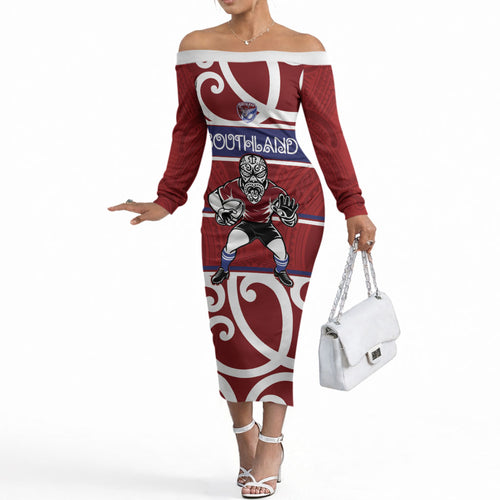 Southland Custom Rugby New Zealand Off The Shoulder Long Sleeve Dress Aotearoa Maori Pukana Tiki Mascot