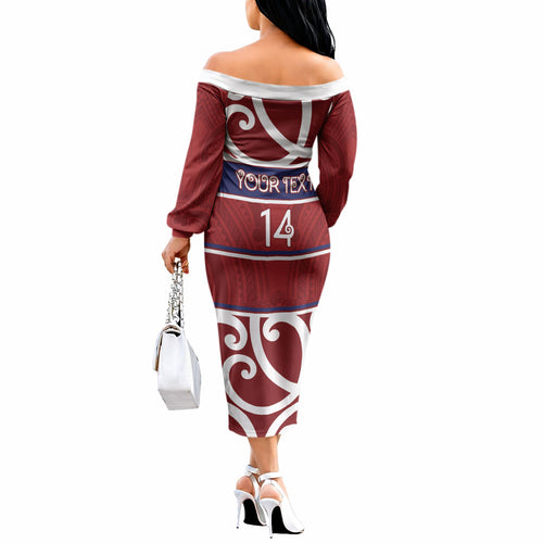 Southland Custom Rugby New Zealand Off The Shoulder Long Sleeve Dress Aotearoa Maori Pukana Tiki Mascot