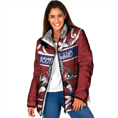 Southland Custom Rugby New Zealand Padded Jacket Aotearoa Maori Pukana Tiki Mascot