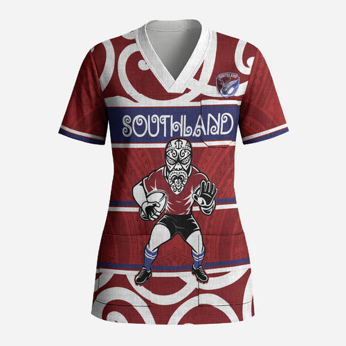 Southland Custom Rugby New Zealand Scrub Top Aotearoa Maori Pukana Tiki Mascot