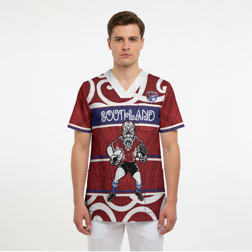 Southland Custom Rugby New Zealand Scrub Top Aotearoa Maori Pukana Tiki Mascot