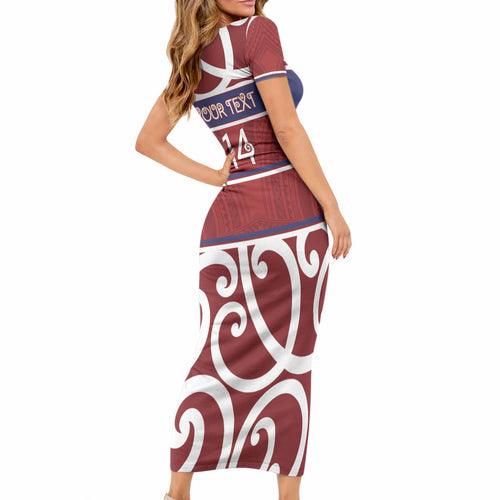 Southland Custom Rugby New Zealand Short Sleeve Bodycon Dress Aotearoa Maori Pukana Tiki Mascot
