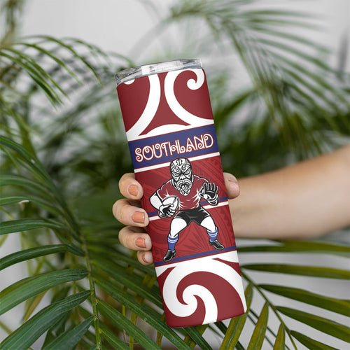 Southland Custom Rugby New Zealand Skinny Tumbler Aotearoa Maori Pukana Tiki Mascot