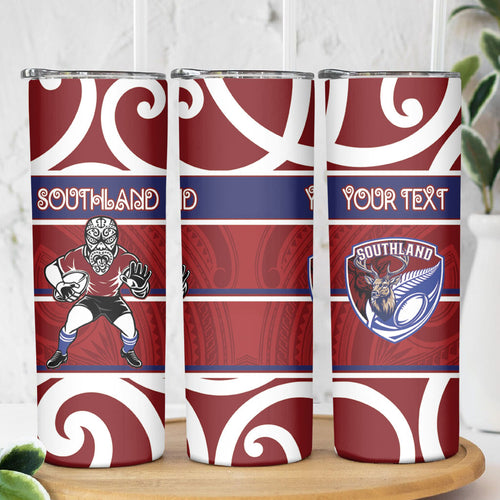 Southland Custom Rugby New Zealand Skinny Tumbler Aotearoa Maori Pukana Tiki Mascot