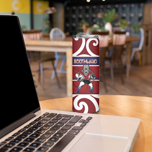 Southland Custom Rugby New Zealand Skinny Tumbler Aotearoa Maori Pukana Tiki Mascot
