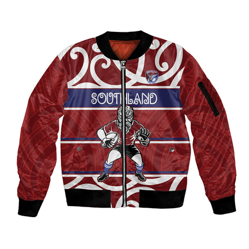 Southland Custom Rugby New Zealand Sleeve Zip Bomber Jacket Aotearoa Maori Pukana Tiki Mascot