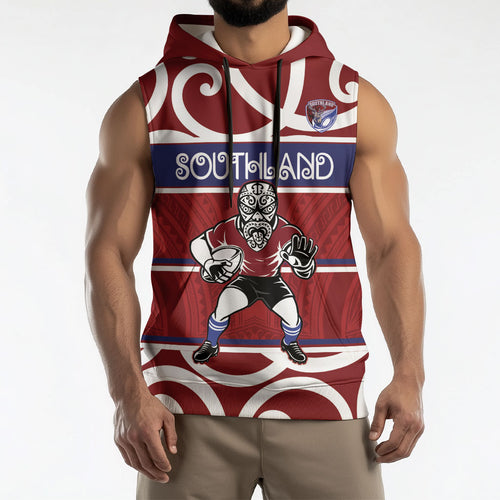 Southland Custom Rugby New Zealand Sleeveless Hoodie Aotearoa Maori Pukana Tiki Mascot