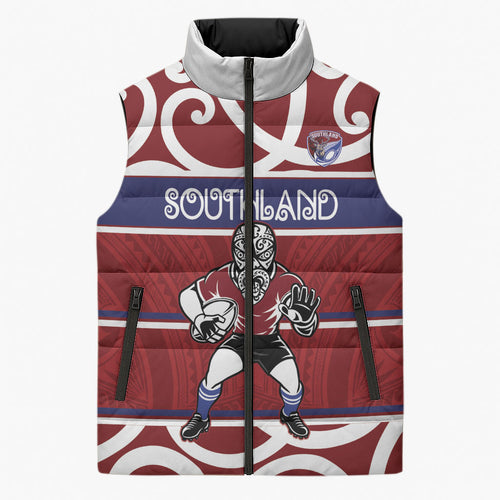 Southland Custom Rugby New Zealand Sleeveless Puffer Jacket Aotearoa Maori Pukana Tiki Mascot