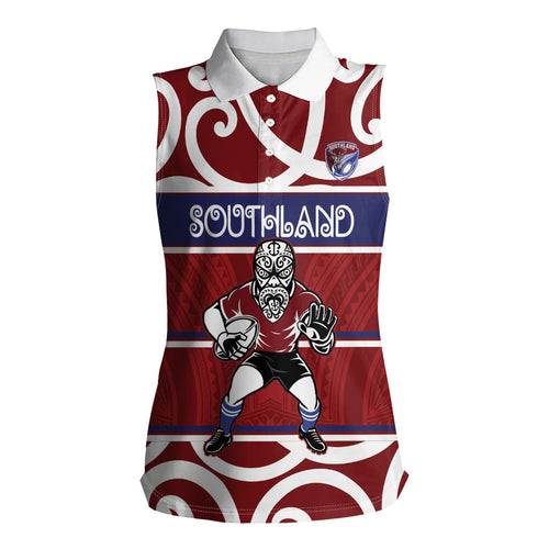 Southland Custom Rugby New Zealand Women Sleeveless Polo Shirt Aotearoa Maori Pukana Tiki Mascot