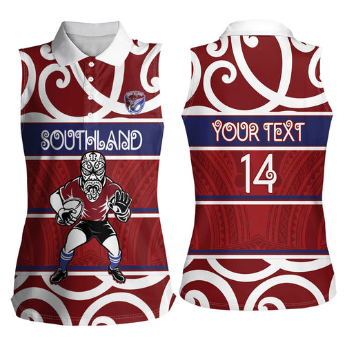 Southland Custom Rugby New Zealand Women Sleeveless Polo Shirt Aotearoa Maori Pukana Tiki Mascot