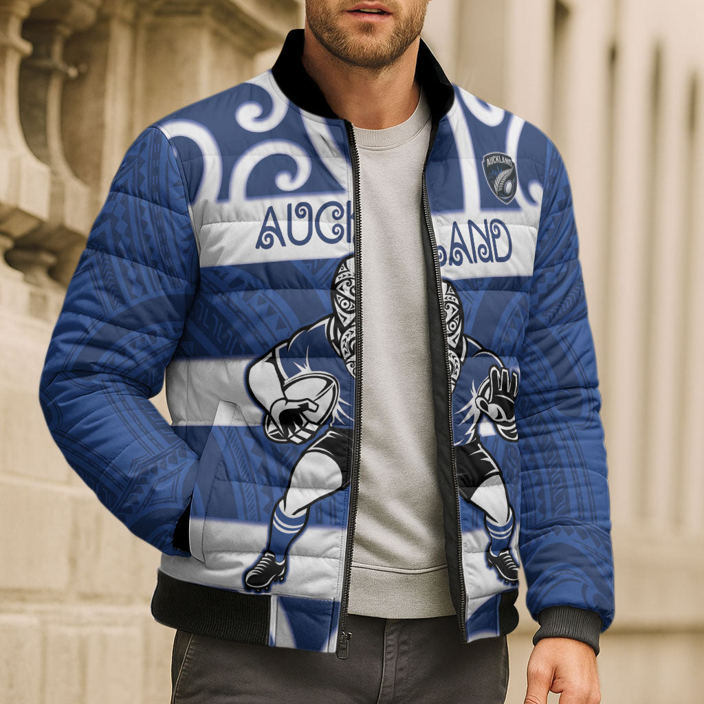 Auckland Custom Rugby New Zealand Bomber Puffer Jacket Aotearoa Maori Pukana Tiki Mascot