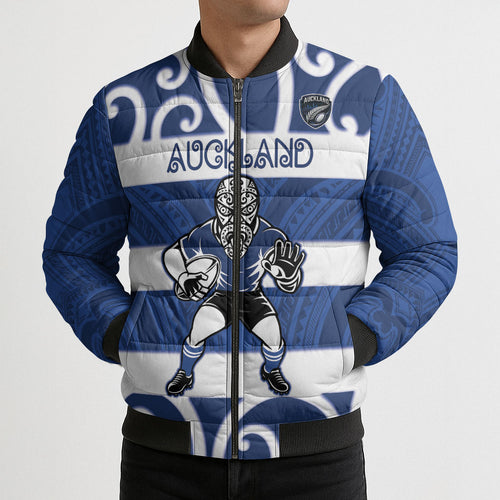 Auckland Custom Rugby New Zealand Bomber Puffer Jacket Aotearoa Maori Pukana Tiki Mascot