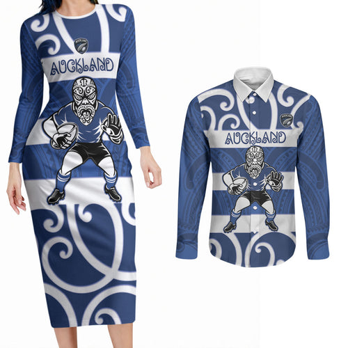 Auckland Custom Rugby New Zealand Couples Matching Long Sleeve Bodycon Dress and Long Sleeve Button Shirt Aotearoa Maori Pukana Tiki Mascot