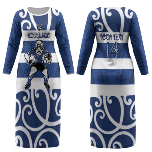 Auckland Custom Rugby New Zealand Couples Matching Long Sleeve Bodycon Dress and Long Sleeve Button Shirt Aotearoa Maori Pukana Tiki Mascot