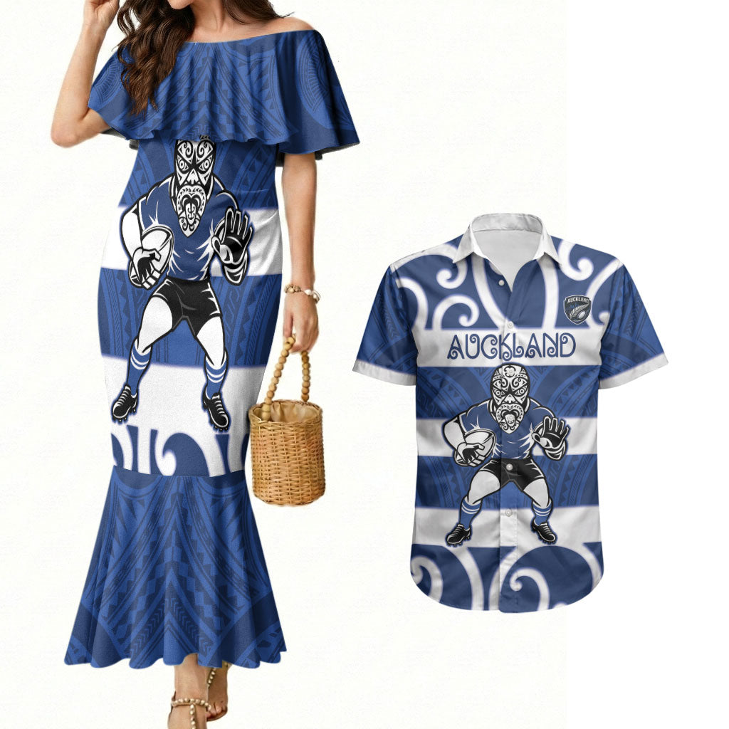 Auckland Custom Rugby New Zealand Couples Matching Mermaid Dress and Hawaiian Shirt Aotearoa Maori Pukana Tiki Mascot