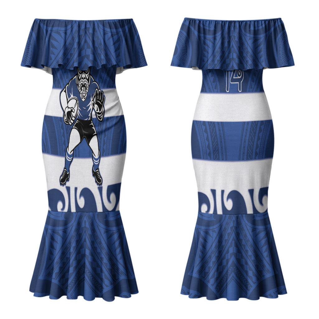 Auckland Custom Rugby New Zealand Couples Matching Mermaid Dress and Hawaiian Shirt Aotearoa Maori Pukana Tiki Mascot