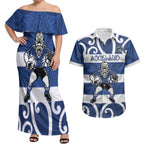 Auckland Custom Rugby New Zealand Couples Matching Off Shoulder Maxi Dress and Hawaiian Shirt Aotearoa Maori Pukana Tiki Mascot