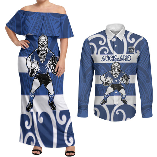 Auckland Custom Rugby New Zealand Couples Matching Off Shoulder Maxi Dress and Long Sleeve Button Shirt Aotearoa Maori Pukana Tiki Mascot