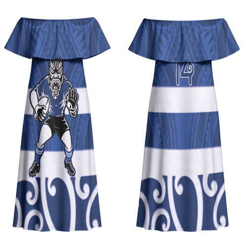 Auckland Custom Rugby New Zealand Couples Matching Off Shoulder Maxi Dress and Long Sleeve Button Shirt Aotearoa Maori Pukana Tiki Mascot