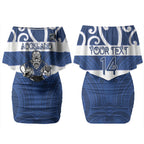 Auckland Custom Rugby New Zealand Couples Matching Off Shoulder Short Dress and Hawaiian Shirt Aotearoa Maori Pukana Tiki Mascot