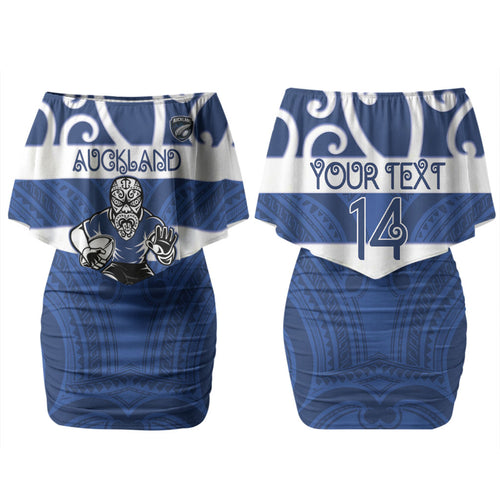 Auckland Custom Rugby New Zealand Couples Matching Off Shoulder Short Dress and Long Sleeve Button Shirt Aotearoa Maori Pukana Tiki Mascot