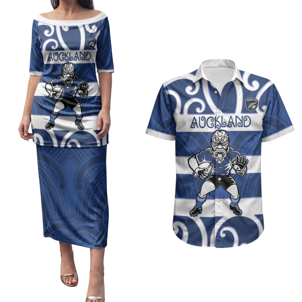 Auckland Custom Rugby New Zealand Couples Matching Puletasi and Hawaiian Shirt Aotearoa Maori Pukana Tiki Mascot