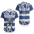 Auckland Custom Rugby New Zealand Couples Matching Puletasi and Hawaiian Shirt Aotearoa Maori Pukana Tiki Mascot