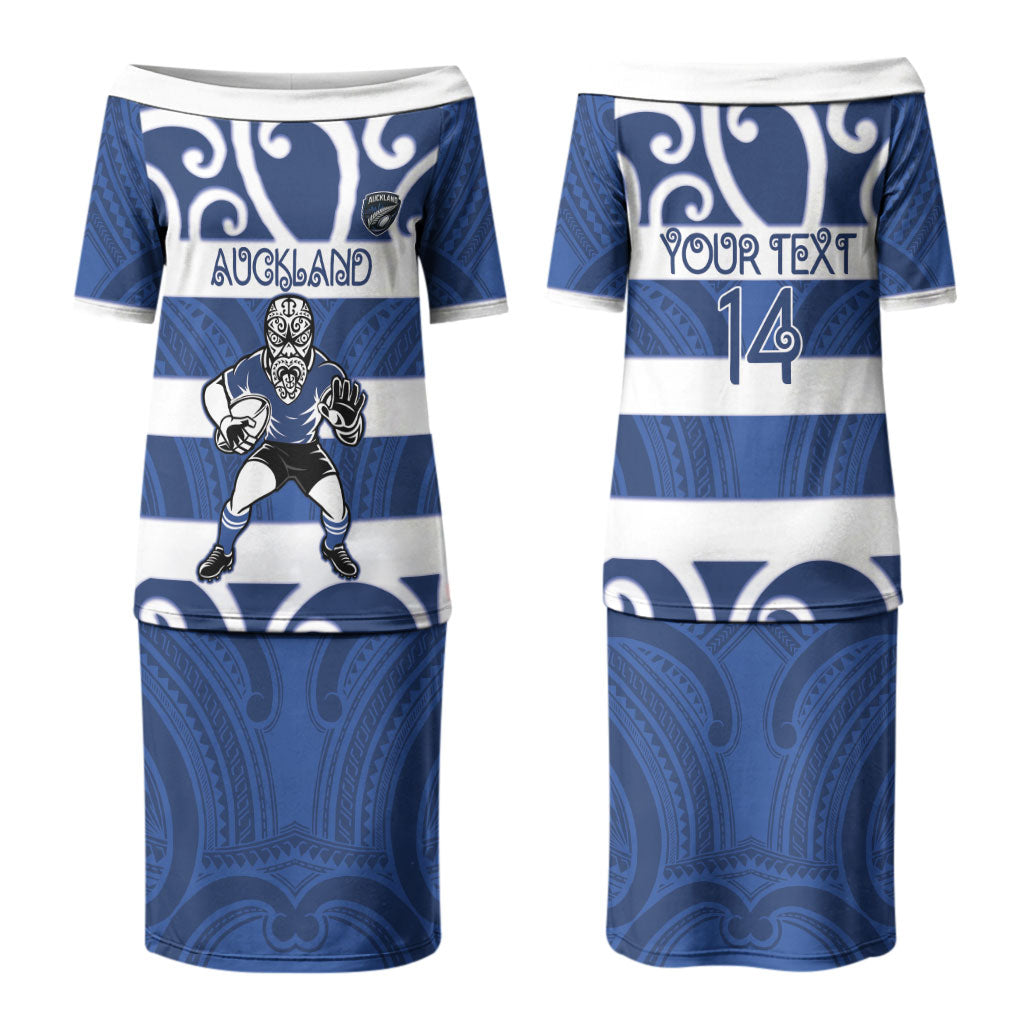 Auckland Custom Rugby New Zealand Couples Matching Puletasi and Hawaiian Shirt Aotearoa Maori Pukana Tiki Mascot