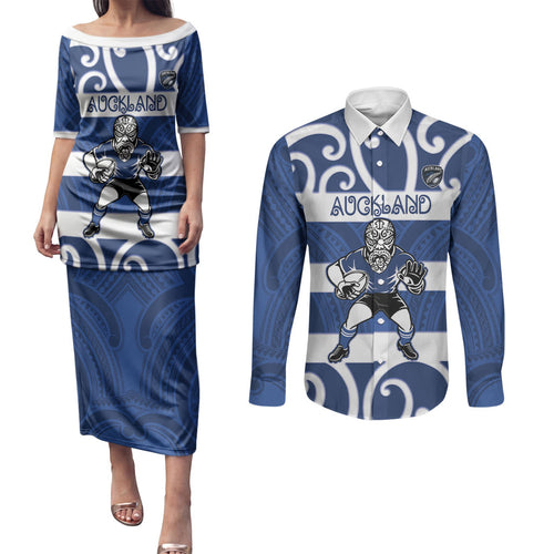 Auckland Custom Rugby New Zealand Couples Matching Puletasi and Long Sleeve Button Shirt Aotearoa Maori Pukana Tiki Mascot