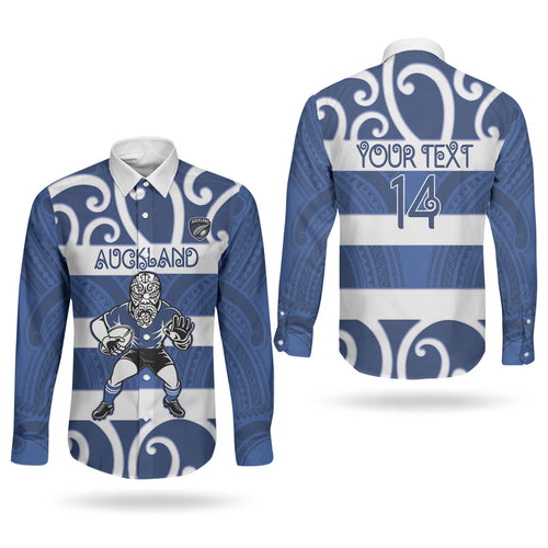Auckland Custom Rugby New Zealand Couples Matching Puletasi and Long Sleeve Button Shirt Aotearoa Maori Pukana Tiki Mascot