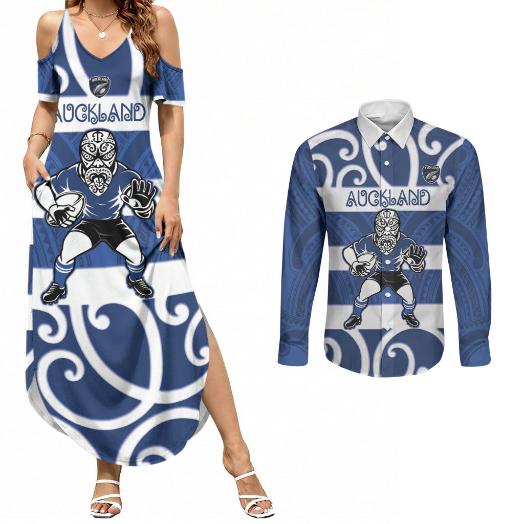 Auckland Custom Rugby New Zealand Couples Matching Summer Maxi Dress and Long Sleeve Button Shirt Aotearoa Maori Pukana Tiki Mascot