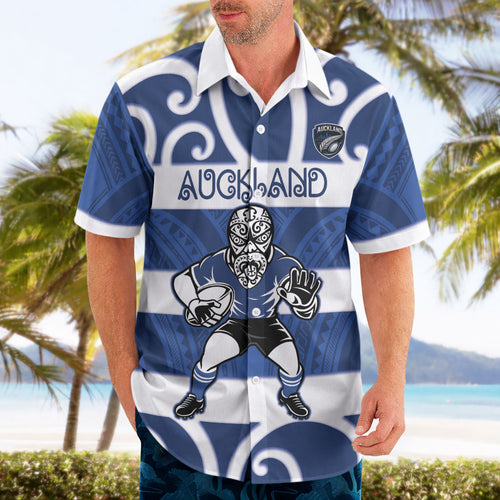 Auckland Custom Rugby New Zealand Hawaiian Shirt Aotearoa Maori Pukana Tiki Mascot