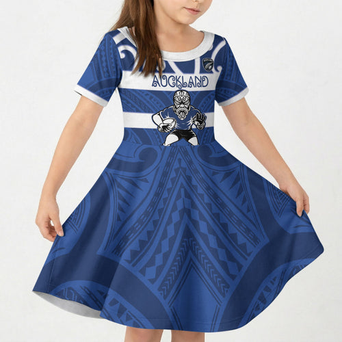 Auckland Custom Rugby New Zealand Kid Short Sleeve Dress Aotearoa Maori Pukana Tiki Mascot