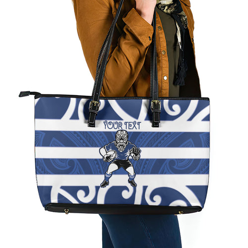 Auckland Custom Rugby New Zealand Leather Tote Bag Aotearoa Maori Pukana Tiki Mascot