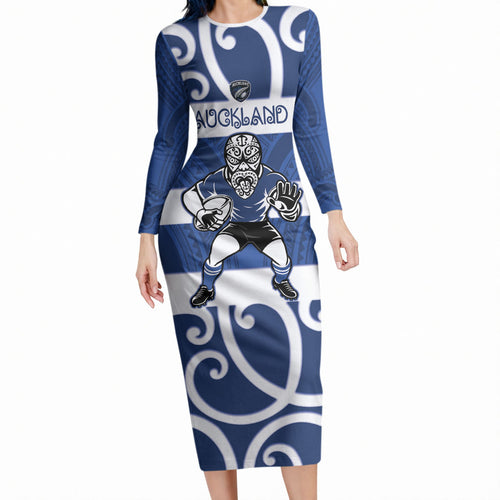Auckland Custom Rugby New Zealand Long Sleeve Bodycon Dress Aotearoa Maori Pukana Tiki Mascot