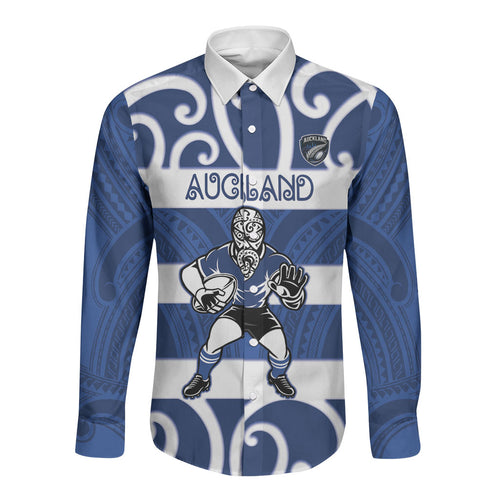 Auckland Custom Rugby New Zealand Long Sleeve Button Shirt Aotearoa Maori Pukana Tiki Mascot