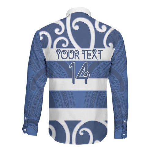 Auckland Custom Rugby New Zealand Long Sleeve Button Shirt Aotearoa Maori Pukana Tiki Mascot